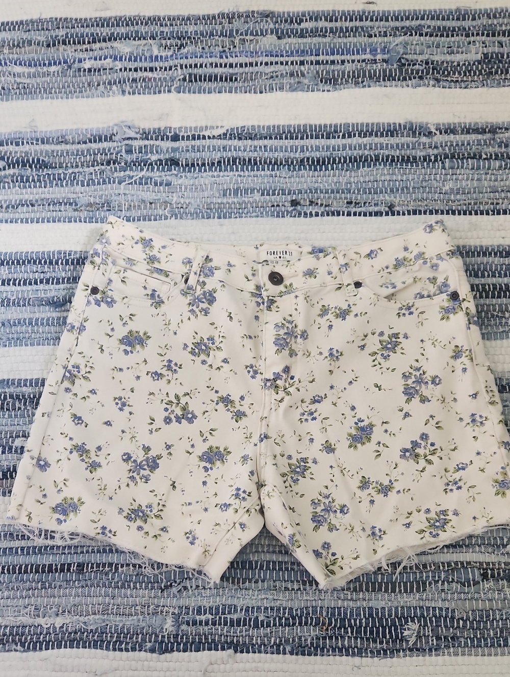 White Floral Denim Shorts with Blue Floral Print